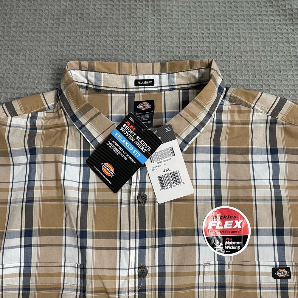 New Dickies Flex Woven Shirt 4XL Mens Relaxed Tan Plaid Short Sleeve